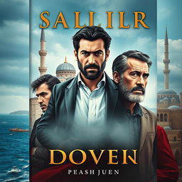 A captivating novel cover depicting three central male characters against a backdrop of the sea, a mosque, and a citadel