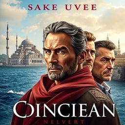 A captivating novel cover depicting three central male characters against a backdrop of the sea, a mosque, and a citadel