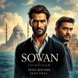 A captivating novel cover depicting three central male characters against a backdrop of the sea, a mosque, and a citadel