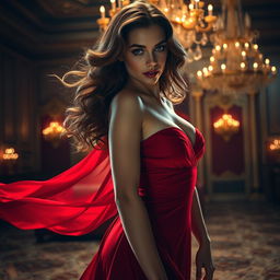 A captivatingly sexy woman in a flowing red dress, her hair cascading in luxurious waves, looking alluring and confident