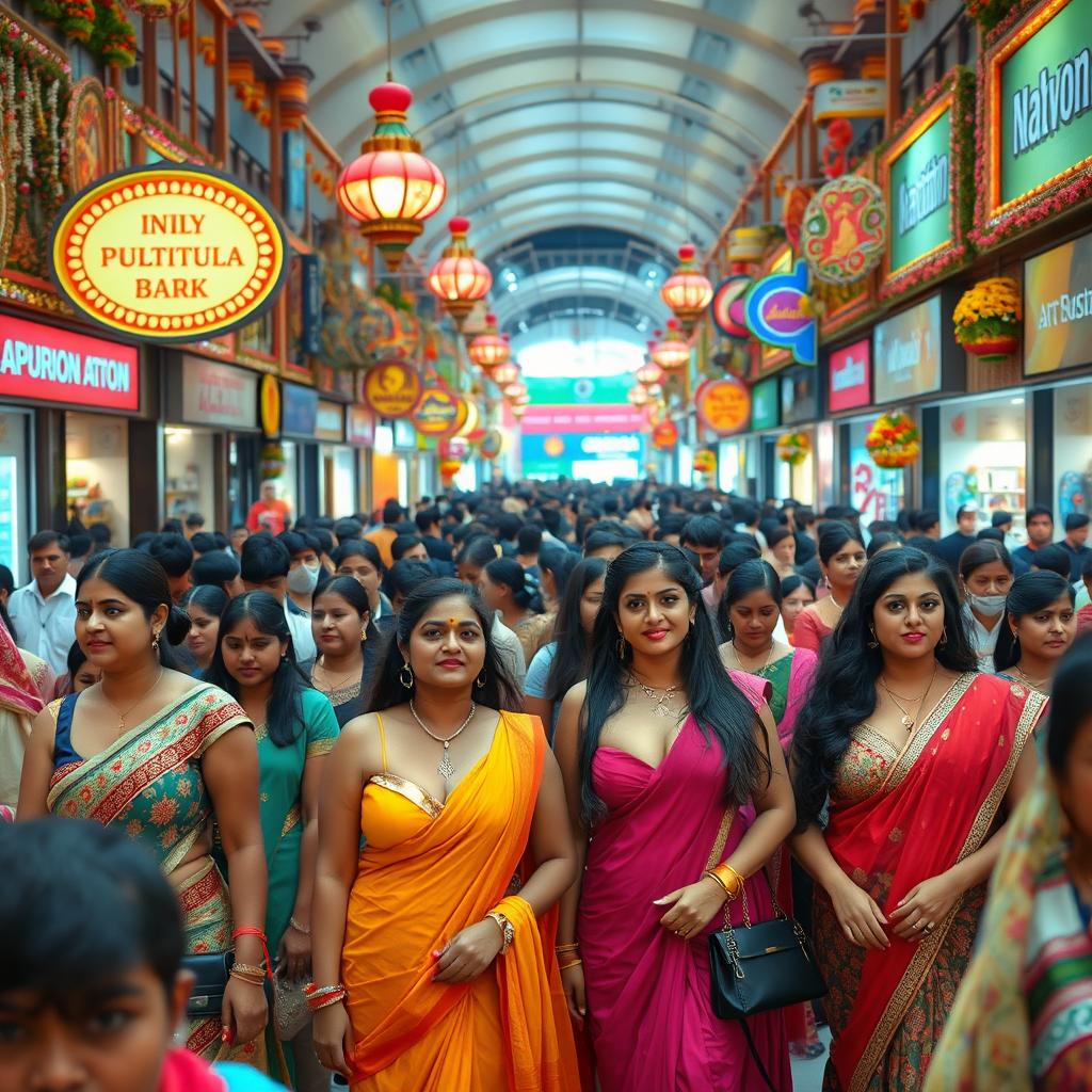 A crowded Indian shopping mall filled with diverse and colorful shops, bustling with people of various backgrounds