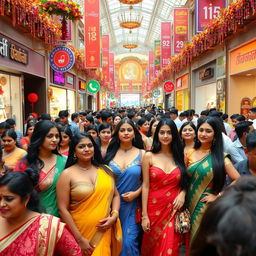 A crowded Indian shopping mall filled with diverse and colorful shops, bustling with people of various backgrounds