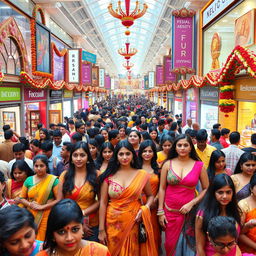 A crowded Indian shopping mall filled with diverse and colorful shops, bustling with people of various backgrounds