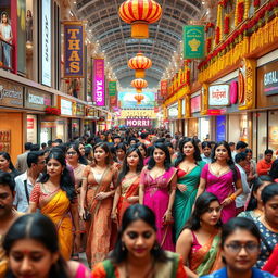 A crowded Indian shopping mall filled with diverse and colorful shops, bustling with people of various backgrounds