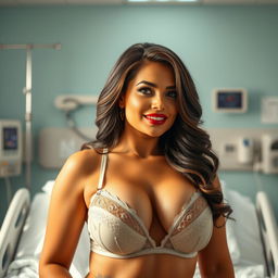 A stunning and confident woman in a hospital setting, exuding a warm and nurturing aura