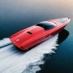 A striking speed boat design that combines the sleek lines, vibrant colors, and iconic logo of a Ferrari supercar