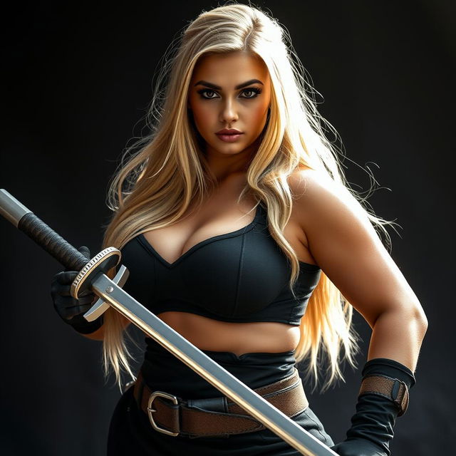 An 18-year-old Brazilian female swordsman with a full-bodied, curvy, and voluptuous figure, characterized by full breasts and a round, firm ass