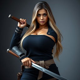 An 18-year-old Brazilian female swordsman with a full-bodied, curvy, and voluptuous figure, characterized by full breasts and a round, firm ass