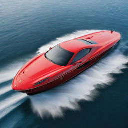 A striking speed boat design that combines the sleek lines, vibrant colors, and iconic logo of a Ferrari supercar