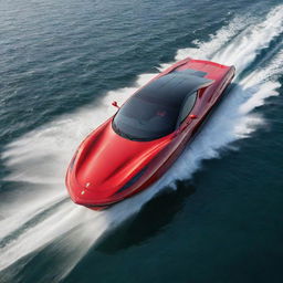 A striking speed boat design that combines the sleek lines, vibrant colors, and iconic logo of a Ferrari supercar