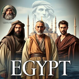 An evocative novel cover set in 1700s Egypt, featuring three central male figures dressed in period-appropriate clothing