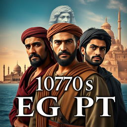 An evocative novel cover set in 1700s Egypt, featuring three central male figures dressed in period-appropriate clothing