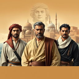 An evocative novel cover set in 1700s Egypt, featuring three central male figures dressed in period-appropriate clothing