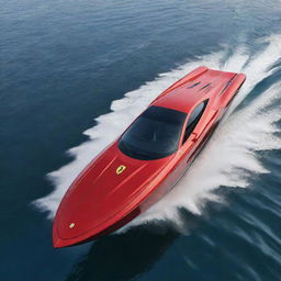 A striking speed boat design that combines the sleek lines, vibrant colors, and iconic logo of a Ferrari supercar