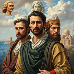 An oil painting-style novel cover set in 1700s Egypt, featuring three central figures in historically accurate attire