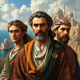 An oil painting-style novel cover set in 1700s Egypt, featuring three central figures in historically accurate attire