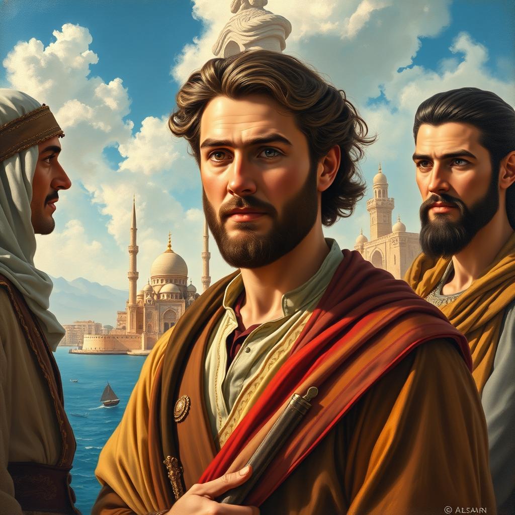 An oil painting-style novel cover set in 1700s Egypt, featuring three central figures in historically accurate attire