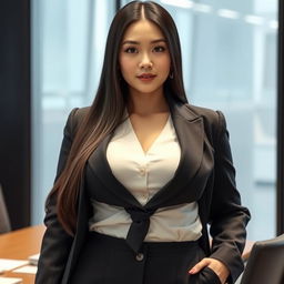 An 18-year-old Japanese female boss, characterized by a curvy and voluptuous figure with full breasts and a round, firm ass