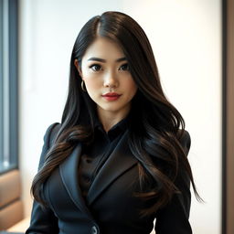 An 18-year-old Japanese female boss, characterized by a curvy and voluptuous figure with full breasts and a round, firm ass