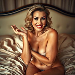 A playful, suggestive image of a mature woman in a boudoir setting, highlighting her confidence and allure