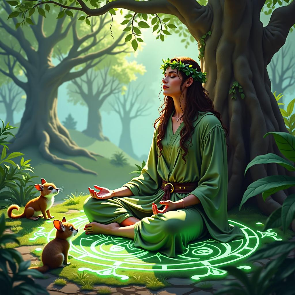 A DND-inspired Druid meditating in a mystical forest, surrounded by lush greenery and ancient trees