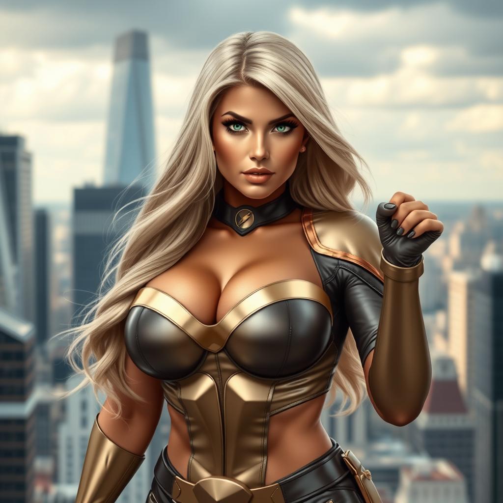 A 30-year-old Czech female superheroine with a curvy and voluptuous figure, featuring full breasts and a round, firm ass