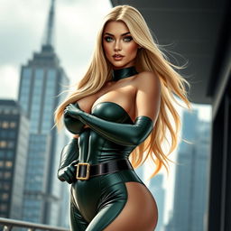 A 30-year-old Czech female superheroine with a curvy and voluptuous figure, featuring full breasts and a round, firm ass