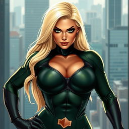 A 30-year-old Czech female superheroine with a curvy and voluptuous figure, featuring full breasts and a round, firm ass