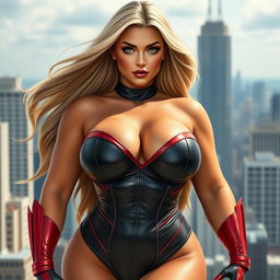 A 30-year-old Czech female superheroine with a curvy and voluptuous figure, featuring full breasts and a round, firm ass