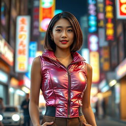 A stunning Asian girl wearing a stylish shiny puffer corset, standing confidently in an urban setting