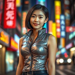 A stunning Asian girl wearing a stylish shiny puffer corset, standing confidently in an urban setting