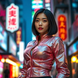 A stunning Asian girl wearing a stylish shiny puffer corset, standing confidently in an urban setting