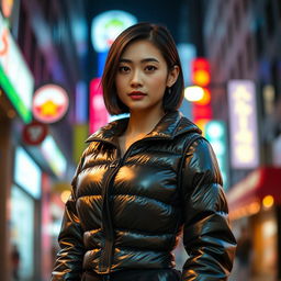 A stunning Asian girl wearing a stylish shiny puffer corset, standing confidently in an urban setting