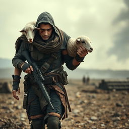 An injured assassin walking through a desolate battlefield, a sheep draped over his shoulders