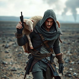 An injured assassin walking through a desolate battlefield, a sheep draped over his shoulders