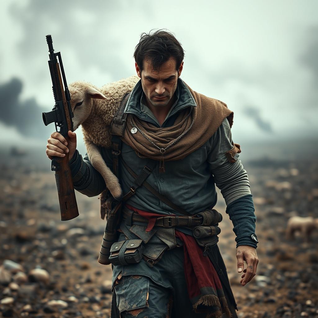 An injured assassin walking through a desolate battlefield, a sheep draped over his shoulders