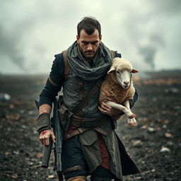 An injured assassin walking through a desolate battlefield, a sheep draped over his shoulders