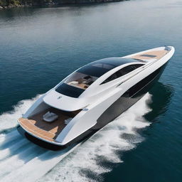 A modern luxury boat design that blends the clean lines and electric power of a Tesla with the elegance and aerodynamics of a speed yacht