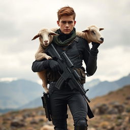 A young adult assassin carrying a sheep on their shoulder, confidently holding a rifle in the other hand