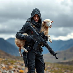 A young adult assassin carrying a sheep on their shoulder, confidently holding a rifle in the other hand