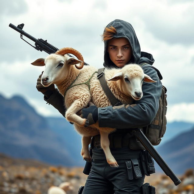 A young adult assassin carrying a sheep on their shoulder, confidently holding a rifle in the other hand