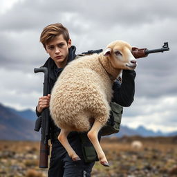 A young adult assassin carrying a sheep on their shoulder, confidently holding a rifle in the other hand