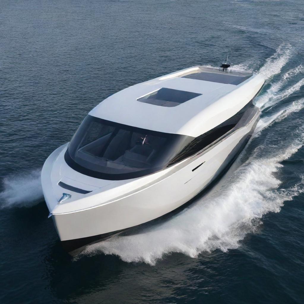 A modern luxury boat design that blends the clean lines and electric power of a Tesla with the elegance and aerodynamics of a speed yacht