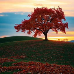 A captivating autumn scene featuring a solitary tree gracefully shedding its last leaf