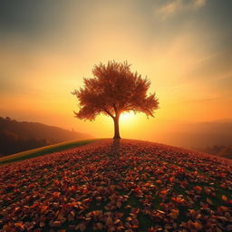 A captivating autumn scene featuring a solitary tree gracefully shedding its last leaf