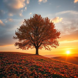 A captivating autumn scene featuring a solitary tree gracefully shedding its last leaf