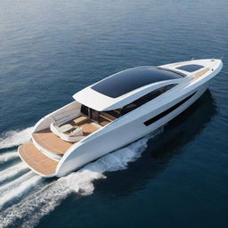 A modern luxury boat design that blends the clean lines and electric power of a Tesla with the elegance and aerodynamics of a speed yacht