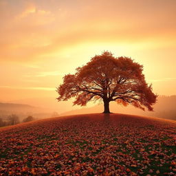 A captivating autumn scene featuring a solitary tree gracefully shedding its last leaf