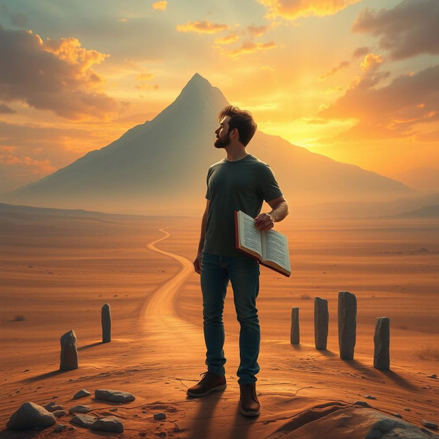 A symbolic realism style image depicting a man standing in a vast, arid landscape at dawn