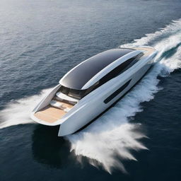 A modern luxury boat design that blends the clean lines and electric power of a Tesla with the elegance and aerodynamics of a speed yacht